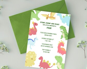 May include: A birthday party invitation with a green envelope. The invitation features colorful dinosaur illustrations and text that reads "Stomp, Chomp and Roar! Our Little Dinosaur is Four." Includes party details: date, time, location, and RSVP information.
