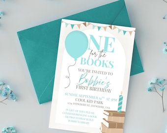 One for the Books Birthday Invitation | Editable First Birthday Invite Template | Book Theme Party | Canva Template