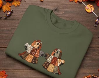 Patchwork Ghost Sweatshirt: Cottagecore Halloween Hoodie