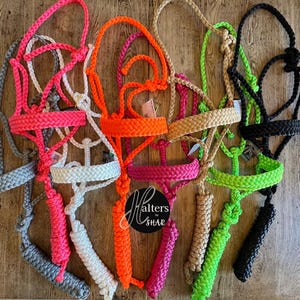 Peut inclure: Une collection de six licols pour chevaux en corde tressée de différentes couleurs, notamment rose fluo, blanc, orange fluo, magenta, beige, vert fluo et noir. Chaque licol présente un design tissé avec une longe et le logo Halters by Shar.