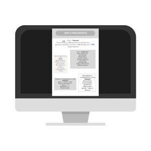 Może przedstawiać: Monitor komputera wyświetlający dokument zatytułowany "DSM-5 MNEUMONICS". Dokument zawiera listę objaw&oacute;w i mnemotechnik dla PTSD, manii i depresji. Ekran jest czarny z białą ramką i srebrną podstawą.