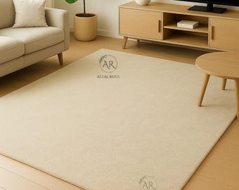 Alfombra de lujo de lana color marfil, alfombra moderna tejida a mano, alfombra minimalista de tonos neutros, alfombra para sala de estar de tamaño personalizado.