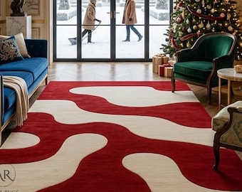 Hand-Tufted Wool Rug - Crimson Wave Modern Abstract Handmade Custom Area Carpet for Home Decor.