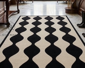 Modern Black White Geometric Rug, Handmade Hand Tufted Wool Area Rug, Luxury Contemporary Carpet.