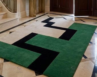 Hand Tufted Wool Rug, Green Beige Black Geometric Modern Area Rug, Handmade Contemporary Carpet.