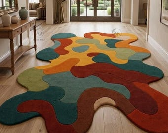 Hand Tufted Abstract Rug, Luxury Irregular Shape Area Rug, Modern Colorful Carpet, Artistic Statement Home Decor.