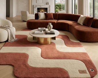Hand Tufted Abstract Area Rug, Terracotta Beige Wool Carpet, Scandinavian Modern Rug, Wavy Minimalist Living Room Decor