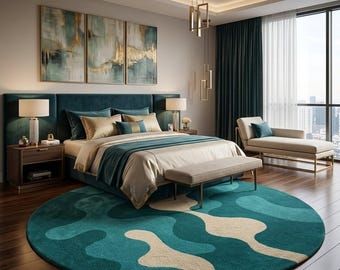 Luxury Teal Abstract Round Rug, Modern Handmade Tufted Carpet, Contemporary Bedroom Area Rug, Soft Plush Floor Decor.