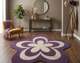 Purple Flower Shaped Rug, Modern Tufted Area Rug, Minimalist Floral Carpet, Handmade Statement Rug for Living Room & Bedroom Decor.