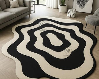 Wavy Fusion Hand-Tufted Wool Rug – Black & Ivory Modern Abstract Carpet for Living room.6x9