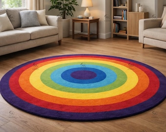Hand-Tufted Wool Rug – Rainbow Aura Kids Round Handmade Custom Area Carpet.