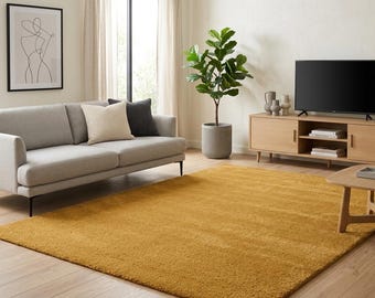 Mustard Yellow Shag Rug, Modern Minimalist Area Rug, Soft Plush Living Room Carpet, Handmade Tufted Rug, Cozy Home Decor.