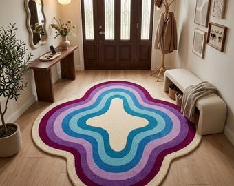 Colorful Wavy Rug, Abstract Irregular Shape Area Rug, Handmade Tufted Wool Carpet, Modern Statement Living Room Decor.