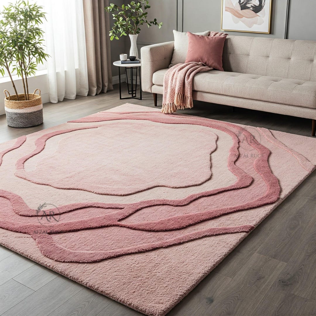 Cute Pink Patterned Rug Hand-tufted Wool Rug: Blush Pink Wave, High-low Pile Modern Rug for ...