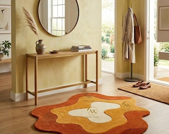 Alfombra abstracta moderna, alfombra con forma de sol radiante, alfombra tejida a mano, alfombra en tonos tierra cálidos, alfombra de forma irregular única.