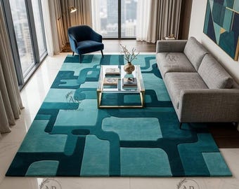 Hand Tufted Wool Abstract Geometric Rug, Teal Blue Modern Area Carpet