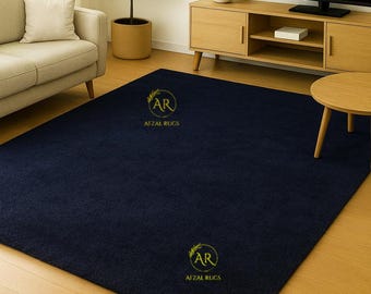 Hand-Tufted Wool Rug - Midnight Elegance Solid Navy Blue Handmade Custom Carpet for Living room.