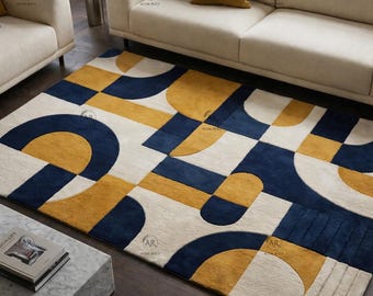 Modern Geometric Area Rug, Navy Blue Mustard Abstract Rug, Handmade Tufted Wool Carpet, Scandinavian Living Room Decor, Luxury Soft Rug.