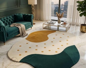 Tappeto astratto dalla forma irregolare, tappeto in lana trapuntato a mano, tappeto moderno di lusso, tappeto verde crema senape, arredamento di design per il soggiorno.