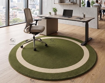 Olive Green Round Rug, Cream Border Tufted Circular Carpet, Minimalist Aesthetic Olive Green Floor Mat, Soft Wool Living Room Area Rug.