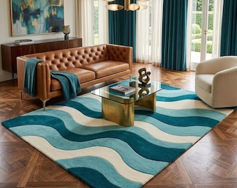 Teal Blue Wave Area Rug, Hand Tufted Wool Carpet, Modern Abstract Ocean Rug, Luxury Living Room Decor.