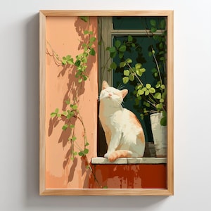 Joyful cat print, Orange cat wall art, Trendy art prints, for nursery decor, Sunshine and cat, Green wall art, bedroom, kitchen, Animals