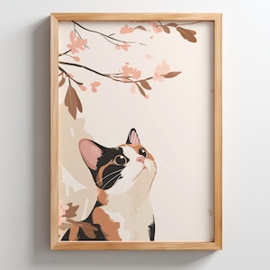 Calico Cat print, Cherry Blossoms wall art, Trendy art prints, for nursery decor, bedroom, kitchen, Cute cat frame, Animals, Flower, Petal