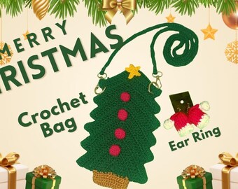 Handmade Crochet Christmas Tree Bag and Earrings Set