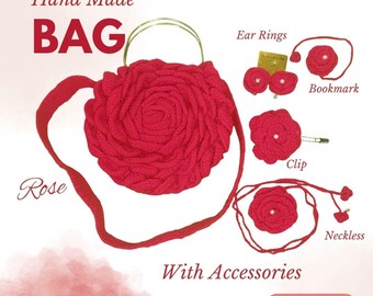 Handmade Wool Crochet Bag Gift Set – Bag + Earrings + Hair Clip + Necklace + Bookmark