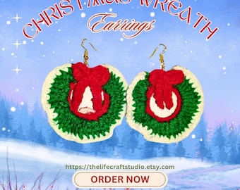 Handmade Crochet Christmas Wreath Earrings | Festive Holiday Jewelry | Lightweight Boho Earrings