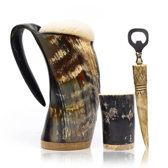 Viking Drinking Horn Mug Set With Shot Glass & Bottle Opener - Handmade Ox Horn Stein For Beer, Whiskey, Coffee - View #2
