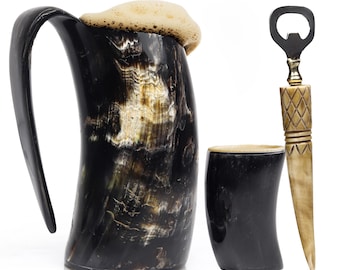 Handmade Viking Horn Mug Set, Shot Glass & Opener, Authentic Ox Horn Cup