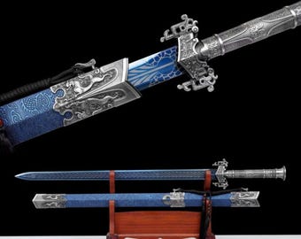 Espada samurái de acero al carbono hecha a mano, con doble dragón, color azul