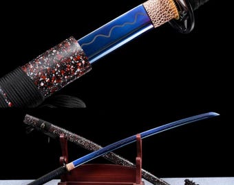 Épée de samouraï japonaise faite main, lame sculptée violette