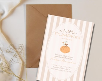 Invitación de baby shower de calabaza pequeña, temática otoñal neutra: Plantilla personalizable de Canva (descarga digital)