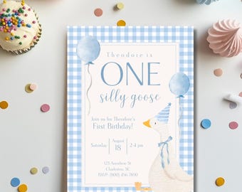 Invitación de primer cumpleaños de One Silly Goose, fiesta de cuadros azules: Plantilla personalizable de Canva (descarga digital)