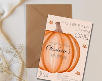 Invitación de primer cumpleaños de Calabacita, temática otoñal neutra: Plantilla personalizable de Canva (descarga digital)