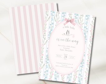 Plantilla de invitación floral para baby shower, diseño de rayas florales vintage: Plantilla personalizable de Canva (descarga digital)