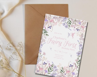 Invitación de primer cumpleaños de hada, fiesta de flores rosas y moradas: Plantilla personalizable de Canva (descarga digital)