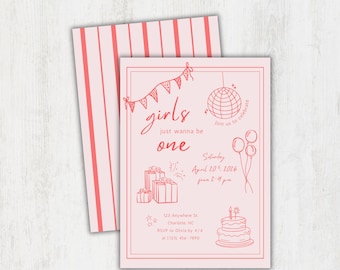 Girls Just Wanna Be One First Birthday Party Invitation, Pink and Red: Customizable Canva Template (Digital Download)