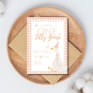 One Silly Goose First Birthday Invitation, Pink Gingham Party: Customizable Canva Template (Digital Download)