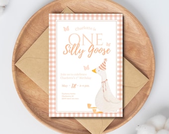 Invitación de primer cumpleaños de One Silly Goose, fiesta de cuadros rosas: Plantilla personalizable de Canva (descarga digital)