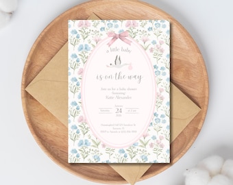 Plantilla de invitación floral para baby shower, diseño de flores vintage: Plantilla personalizable de Canva (descarga digital)