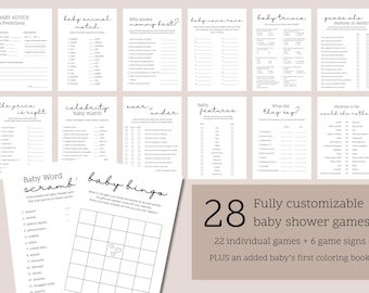 Paquete de juegos para baby shower, diseño minimalista: Plantilla personalizable de Canva (descarga digital)