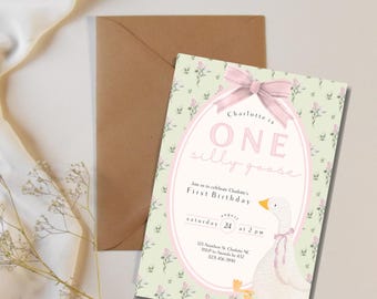 Invitación de primer cumpleaños de One Silly Goose, flores rosas y verdes: Plantilla personalizable de Canva (descarga digital)