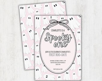 Invitación para el primer cumpleaños de Spooky One, fantasmas rosas de Halloween: Plantilla personalizable de Canva (descarga digital)