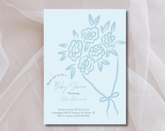Plantilla de invitación para baby shower, ramo de flores azules: Plantilla personalizable de Canva (descarga digital)