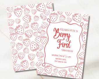 Invitación de primer cumpleaños con temática de bayas, fiesta de fresas rojas: Plantilla personalizable de Canva (descarga digital)