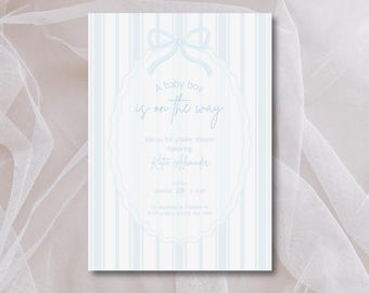 Invitación para baby shower de niño, rayas azules: Plantilla personalizable de Canva (descarga digital)
