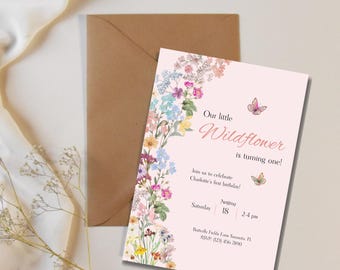 Invitación de primer cumpleaños con flores silvestres, fiesta floral colorida para niña: Plantilla personalizable de Canva (descarga digital)